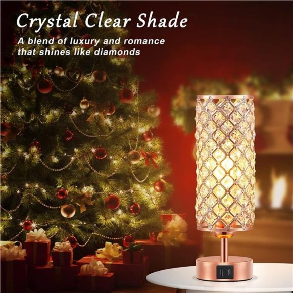 Crystal Table Lamp, Rose Gold Lamp with USB C+A Ports, 3 Way Dimmable Light - Picture 6 of 6